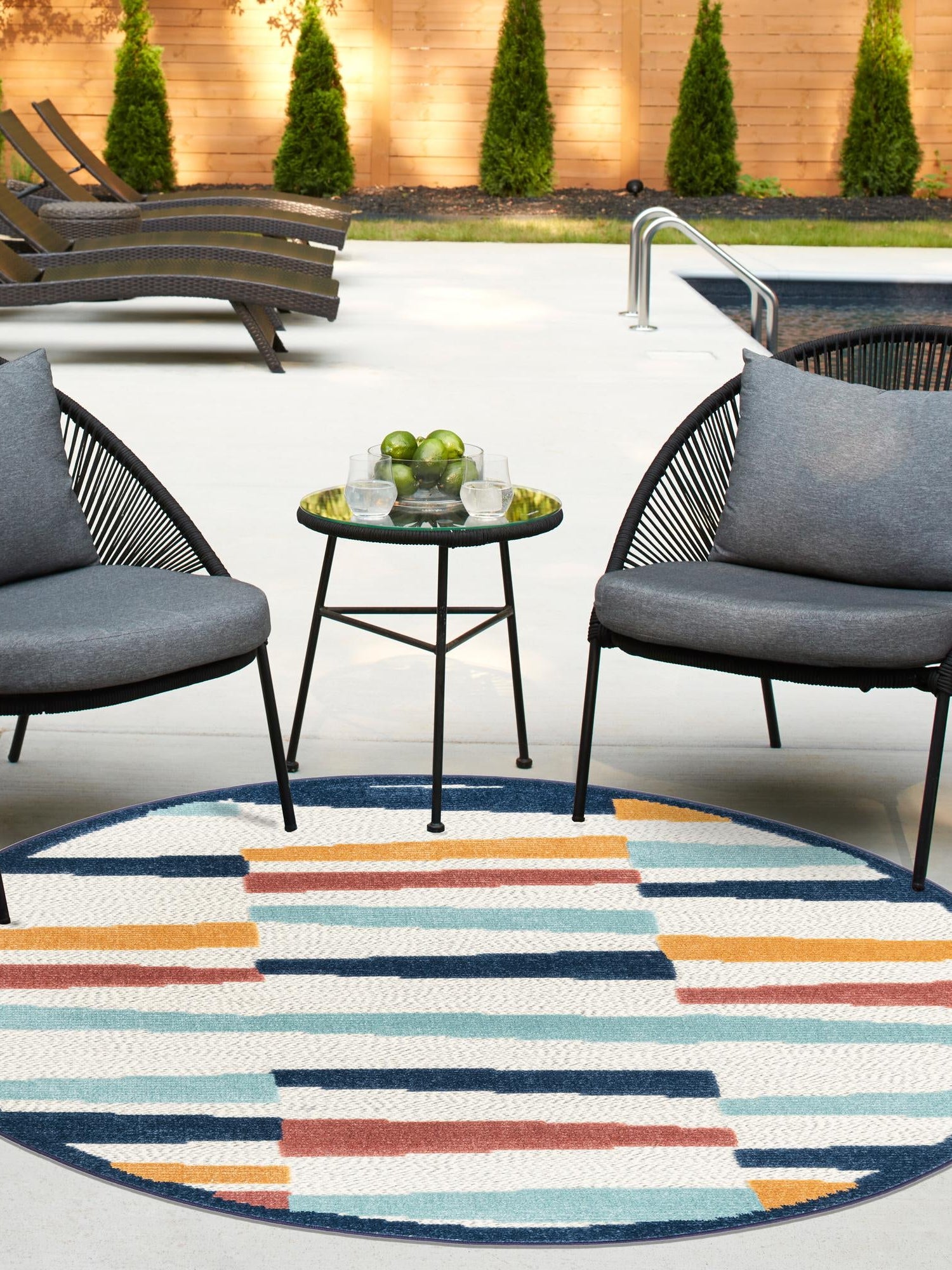 Ivory 5' 3 x 5' 3 Belize Outdoor Round Area Rug Weather Resistant for Patio, Deck, Terrace, Balcony, Porch 100% Polypropylene Colorful Fun Coastal Modern Carpet for Outside for Sale at Rug Engine