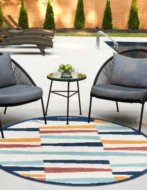 Ivory 5' 3 x 5' 3 Belize Outdoor Round Area Rug Weather Resistant for Patio, Deck, Terrace, Balcony, Porch 100% Polypropylene Colorful Fun Coastal Modern Carpet for Outside for Sale at Rug Engine