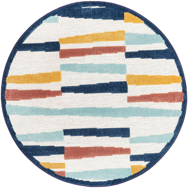 Ivory 5' 3 x 5' 3 Belize Outdoor Round Area Rug Weather Resistant for Patio, Deck, Terrace, Balcony, Porch 100% Polypropylene Colorful Fun Coastal Modern Carpet for Outside for Sale at Rug Engine