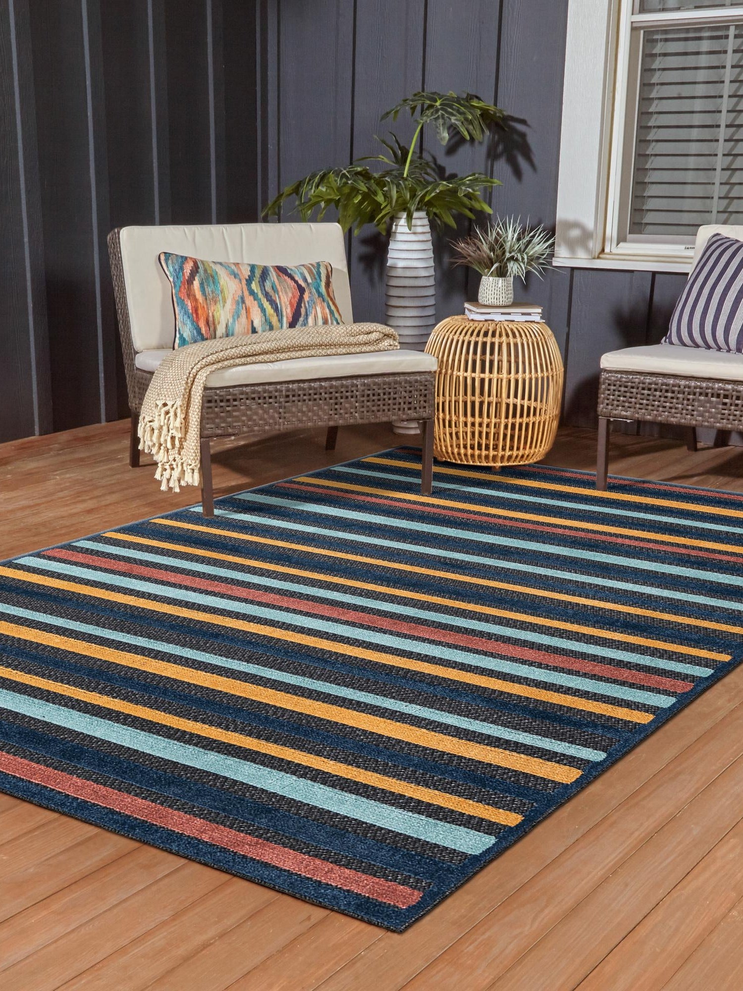 Charcoal 5' 3 x 8' Belize Outdoor Rectangle Area Rug Weather Resistant for Patio, Deck, Terrace, Balcony, Porch 100% Polypropylene Colorful Fun Coastal Modern Carpet for Outside for Sale at Rug Engine