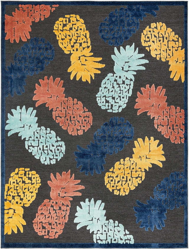 Black 9' x 12' Belize Outdoor Rectangle Area Rug Weather Resistant for Patio, Deck, Terrace, Balcony, Porch 100% Polypropylene Colorful Fun Coastal Modern Carpet for Outside for Sale at Rug Engine