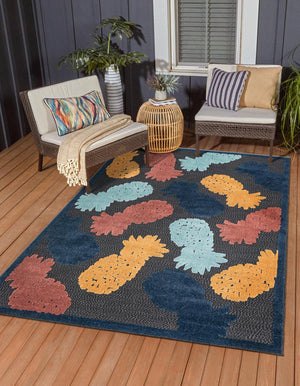 Black 9' x 12' Belize Outdoor Rectangle Area Rug Weather Resistant for Patio, Deck, Terrace, Balcony, Porch 100% Polypropylene Colorful Fun Coastal Modern Carpet for Outside for Sale at Rug Engine