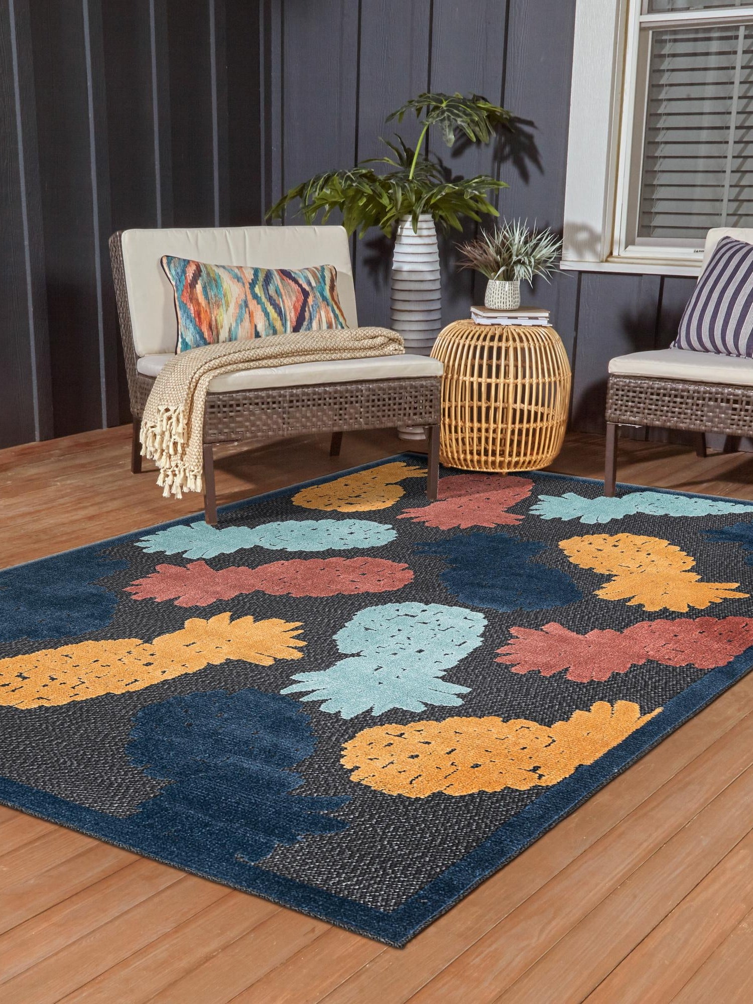 Black 5' 3 x 8' Belize Outdoor Rectangle Area Rug Weather Resistant for Patio, Deck, Terrace, Balcony, Porch 100% Polypropylene Colorful Fun Coastal Modern Carpet for Outside for Sale at Rug Engine