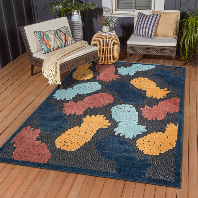 Black 7' 10 x 10' Belize Outdoor Rectangle Area Rug Weather Resistant for Patio, Deck, Terrace, Balcony, Porch 100% Polypropylene Colorful Fun Coastal Modern Carpet for Outside for Sale at Rug Engine
