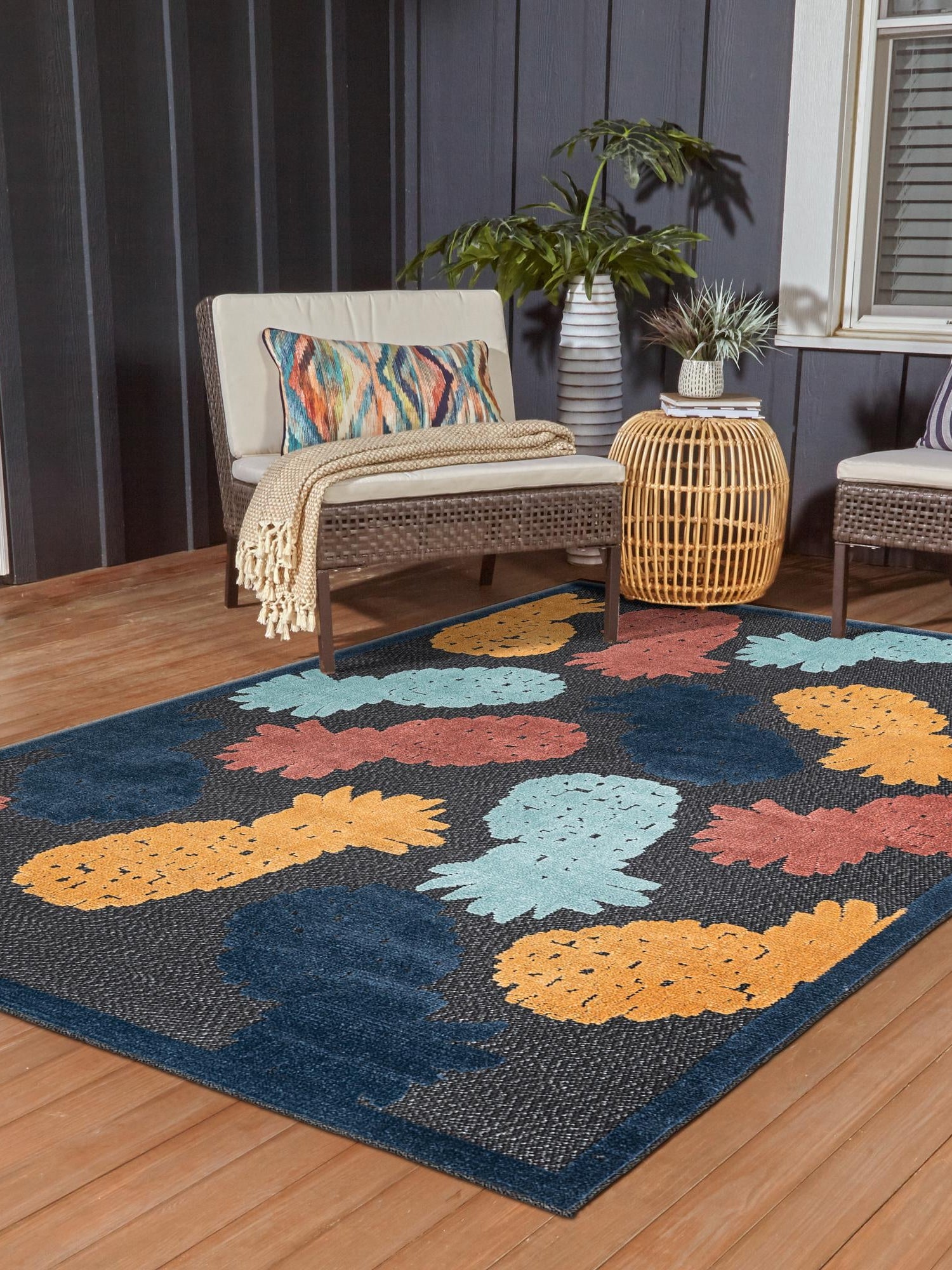 Black 7' 10 x 10' Belize Outdoor Rectangle Area Rug Weather Resistant for Patio, Deck, Terrace, Balcony, Porch 100% Polypropylene Colorful Fun Coastal Modern Carpet for Outside for Sale at Rug Engine