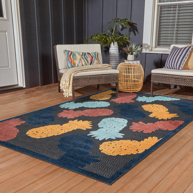 Black 9' x 12' Belize Outdoor Rectangle Area Rug Weather Resistant for Patio, Deck, Terrace, Balcony, Porch 100% Polypropylene Colorful Fun Coastal Modern Carpet for Outside for Sale at Rug Engine
