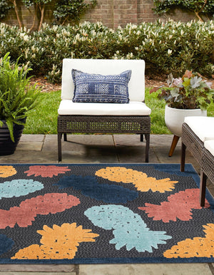 Black 5' 3 x 5' 3 Belize Outdoor Square Area Rug Weather Resistant for Patio, Deck, Terrace, Balcony, Porch 100% Polypropylene Colorful Fun Coastal Modern Carpet for Outside for Sale at Rug Engine