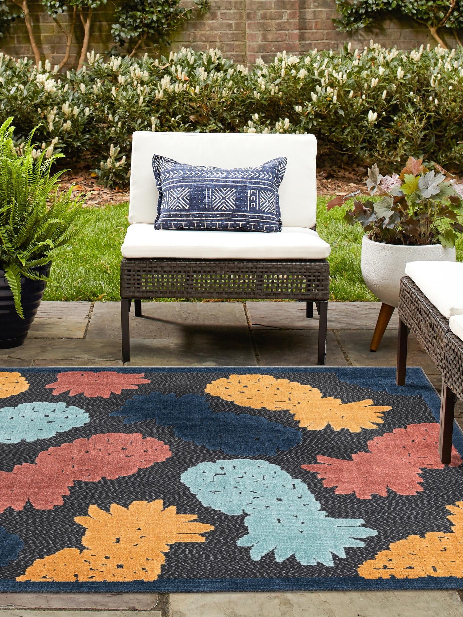 Black 7' 10 x 7' 10 Belize Outdoor Square Area Rug Weather Resistant for Patio, Deck, Terrace, Balcony, Porch 100% Polypropylene Colorful Fun Coastal Modern Carpet for Outside for Sale at Rug Engine