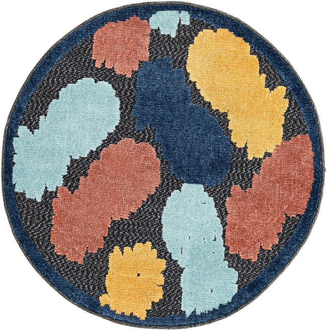 Black 3' 3 x 3' 3 Belize Outdoor Round Area Rug Weather Resistant for Patio, Deck, Terrace, Balcony, Porch 100% Polypropylene Colorful Fun Coastal Modern Carpet for Outside for Sale at Rug Engine