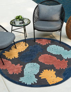 Black 3' 3 x 3' 3 Belize Outdoor Round Area Rug Weather Resistant for Patio, Deck, Terrace, Balcony, Porch 100% Polypropylene Colorful Fun Coastal Modern Carpet for Outside for Sale at Rug Engine