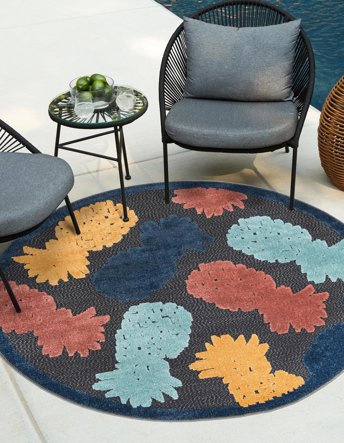 Black 5' 3 x 5' 3 Belize Outdoor Round Area Rug Weather Resistant for Patio, Deck, Terrace, Balcony, Porch 100% Polypropylene Colorful Fun Coastal Modern Carpet for Outside for Sale at Rug Engine