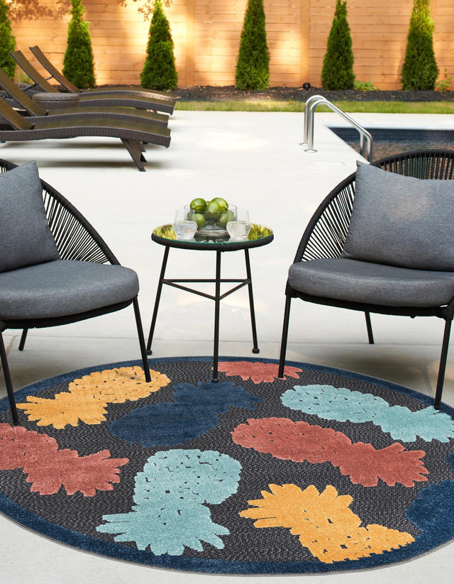 Black 5' 3 x 5' 3 Belize Outdoor Round Area Rug Weather Resistant for Patio, Deck, Terrace, Balcony, Porch 100% Polypropylene Colorful Fun Coastal Modern Carpet for Outside for Sale at Rug Engine