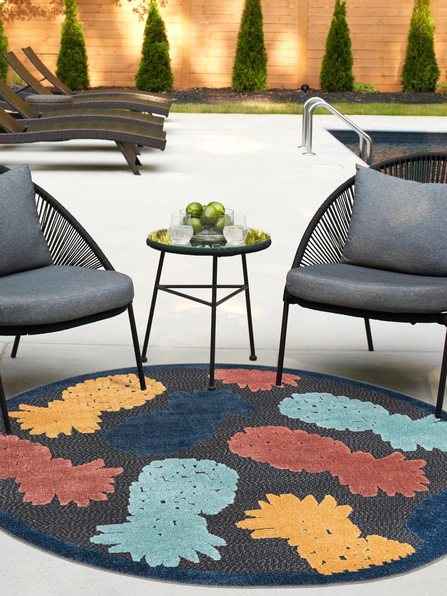 Black 3' 3 x 3' 3 Belize Outdoor Round Area Rug Weather Resistant for Patio, Deck, Terrace, Balcony, Porch 100% Polypropylene Colorful Fun Coastal Modern Carpet for Outside for Sale at Rug Engine