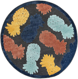 Black 5' 3 x 5' 3 Belize Outdoor Round Area Rug Weather Resistant for Patio, Deck, Terrace, Balcony, Porch 100% Polypropylene Colorful Fun Coastal Modern Carpet for Outside for Sale at Rug Engine