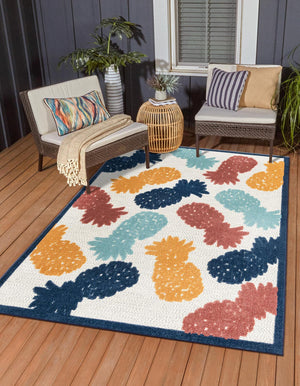 White 5' 3 x 8' Belize Outdoor Rectangle Area Rug Weather Resistant for Patio, Deck, Terrace, Balcony, Porch 100% Polypropylene Colorful Fun Coastal Modern Carpet for Outside for Sale at Rug Engine