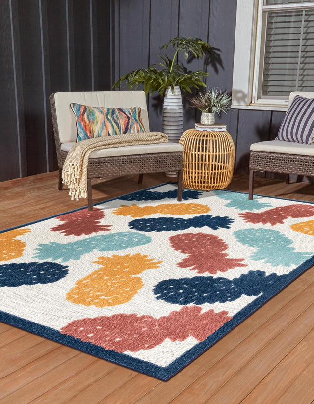 White 5' 3 x 8' Belize Outdoor Rectangle Area Rug Weather Resistant for Patio, Deck, Terrace, Balcony, Porch 100% Polypropylene Colorful Fun Coastal Modern Carpet for Outside for Sale at Rug Engine