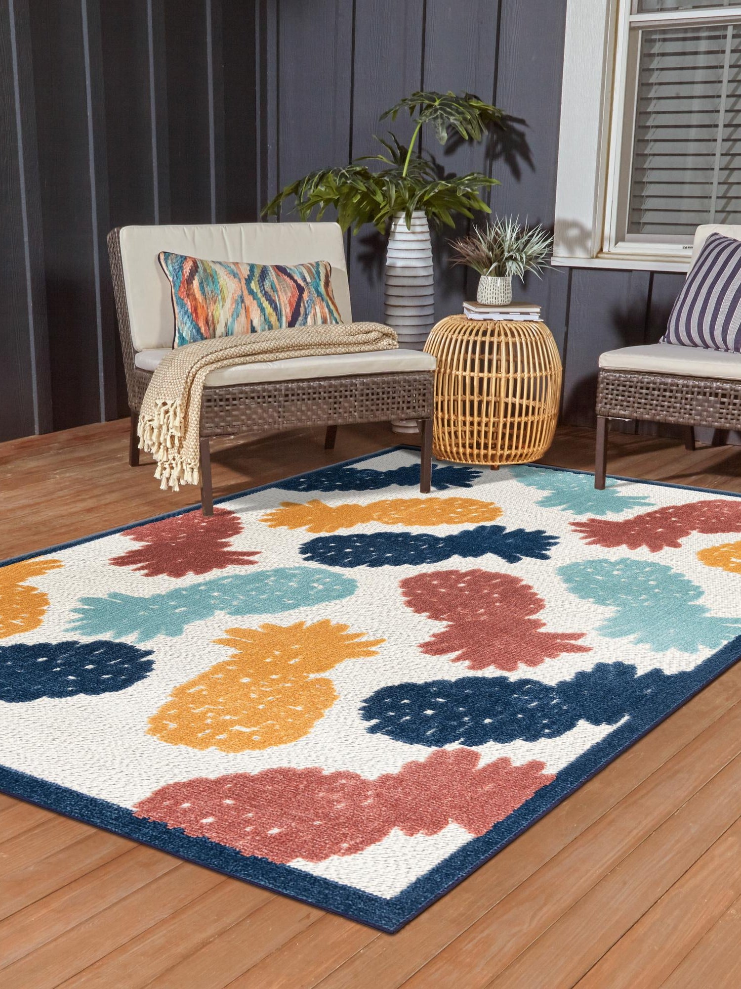 White 6' x 9' Belize Outdoor Rectangle Area Rug Weather Resistant for Patio, Deck, Terrace, Balcony, Porch 100% Polypropylene Colorful Fun Coastal Modern Carpet for Outside for Sale at Rug Engine