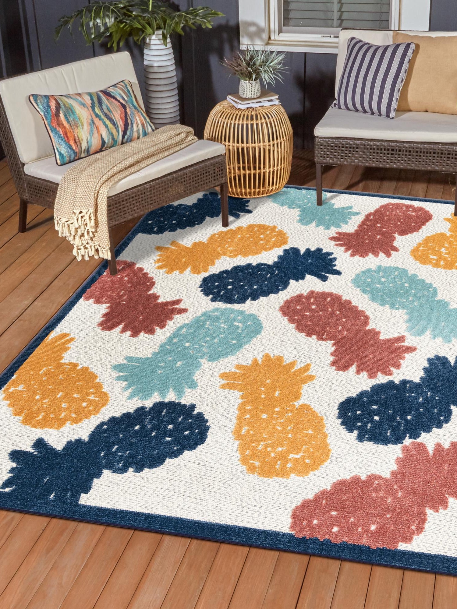 White 7' x 10' Belize Outdoor Rectangle Area Rug Weather Resistant for Patio, Deck, Terrace, Balcony, Porch 100% Polypropylene Colorful Fun Coastal Modern Carpet for Outside for Sale at Rug Engine