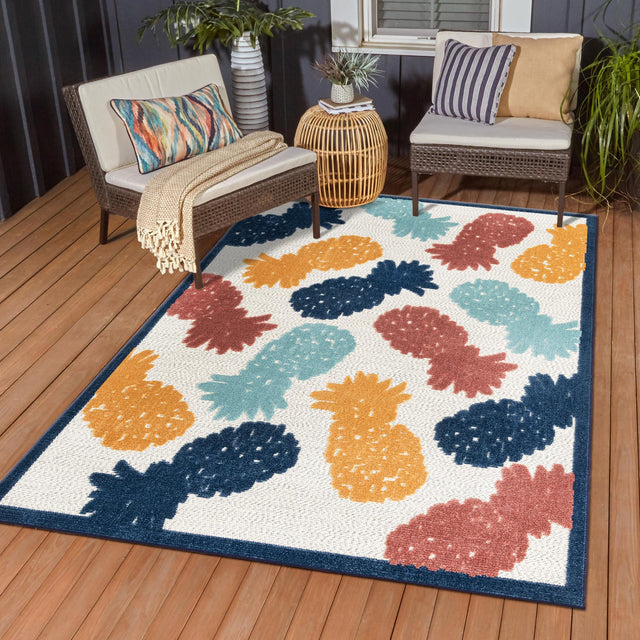 White 6' x 9' Belize Outdoor Rectangle Area Rug Weather Resistant for Patio, Deck, Terrace, Balcony, Porch 100% Polypropylene Colorful Fun Coastal Modern Carpet for Outside for Sale at Rug Engine
