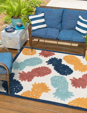 White 7' 10 x 7' 10 Belize Outdoor Square Area Rug Weather Resistant for Patio, Deck, Terrace, Balcony, Porch 100% Polypropylene Colorful Fun Coastal Modern Carpet for Outside for Sale at Rug Engine