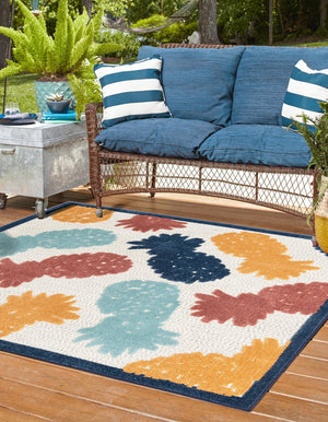 White 7' 10 x 7' 10 Belize Outdoor Square Area Rug Weather Resistant for Patio, Deck, Terrace, Balcony, Porch 100% Polypropylene Colorful Fun Coastal Modern Carpet for Outside for Sale at Rug Engine