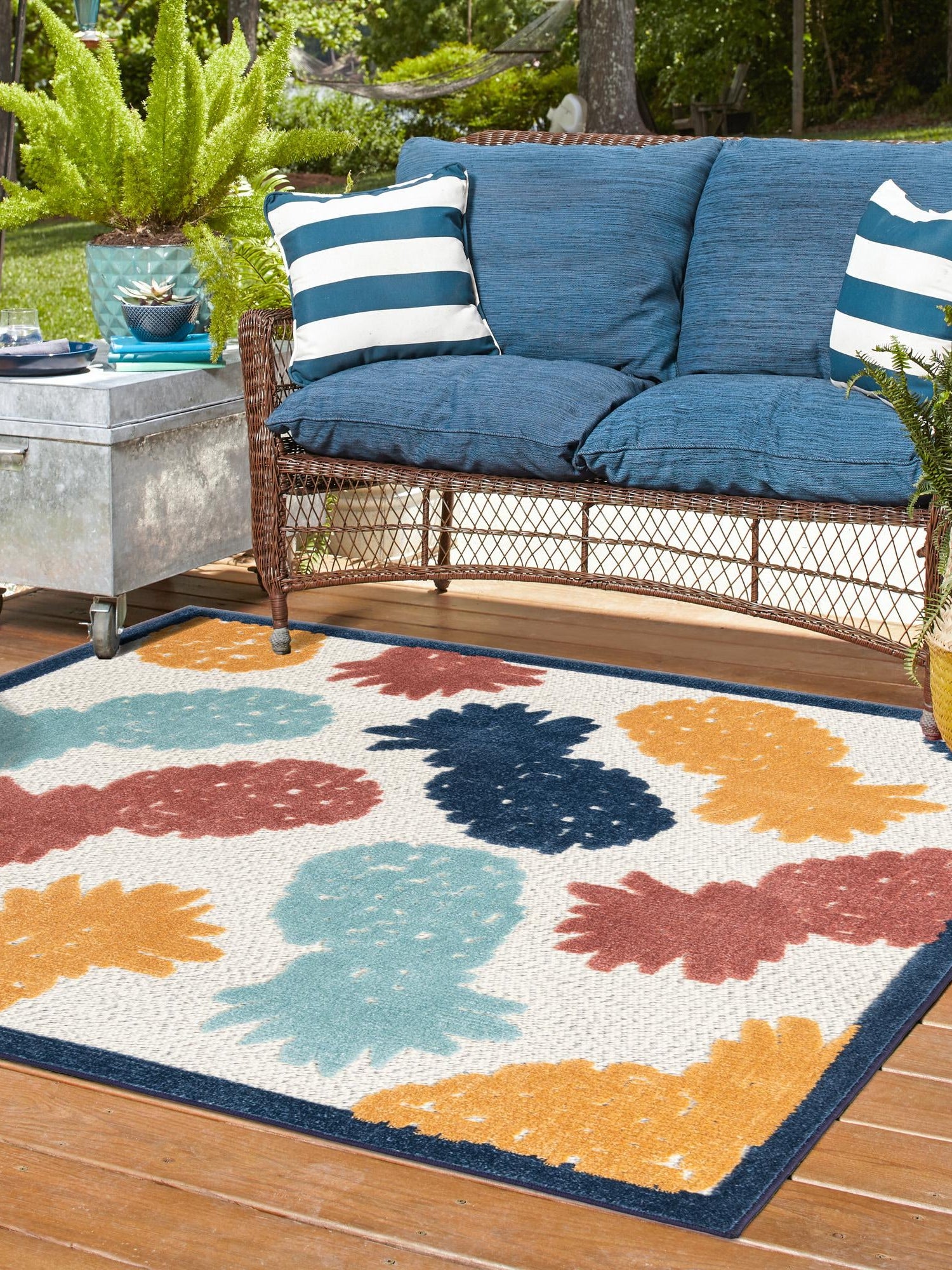 White 5' 3 x 5' 3 Belize Outdoor Square Area Rug Weather Resistant for Patio, Deck, Terrace, Balcony, Porch 100% Polypropylene Colorful Fun Coastal Modern Carpet for Outside for Sale at Rug Engine