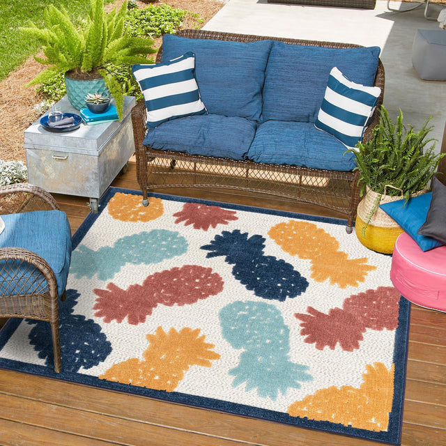 White 7' 10 x 7' 10 Belize Outdoor Square Area Rug Weather Resistant for Patio, Deck, Terrace, Balcony, Porch 100% Polypropylene Colorful Fun Coastal Modern Carpet for Outside for Sale at Rug Engine