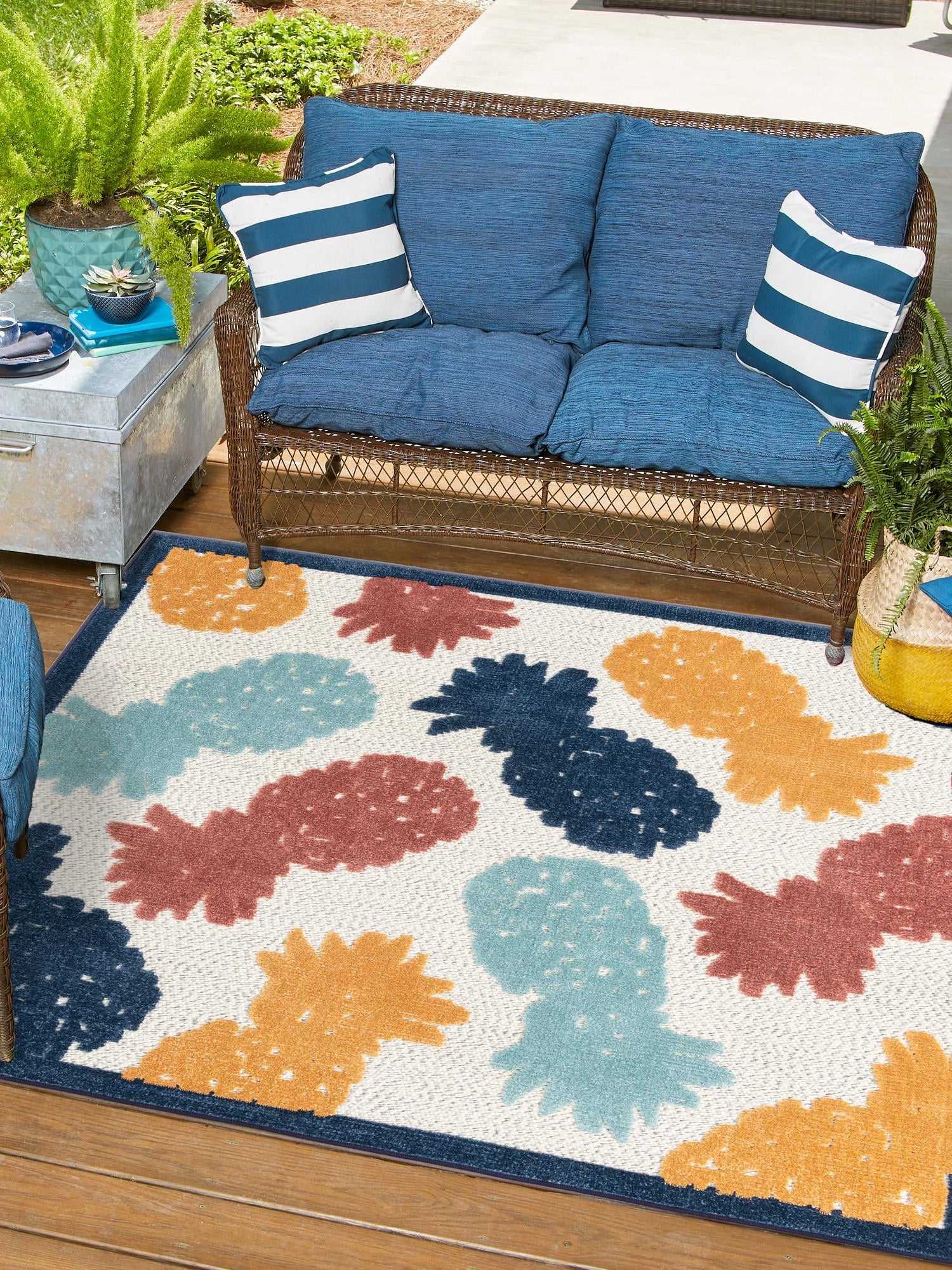 White 5' 3 x 5' 3 Belize Outdoor Square Area Rug Weather Resistant for Patio, Deck, Terrace, Balcony, Porch 100% Polypropylene Colorful Fun Coastal Modern Carpet for Outside for Sale at Rug Engine