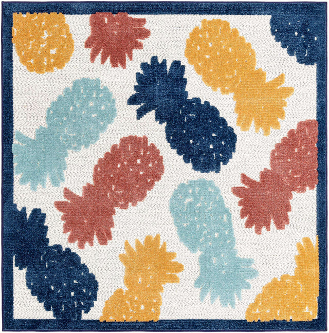 White 5' 3 x 5' 3 Belize Outdoor Square Area Rug Weather Resistant for Patio, Deck, Terrace, Balcony, Porch 100% Polypropylene Colorful Fun Coastal Modern Carpet for Outside for Sale at Rug Engine