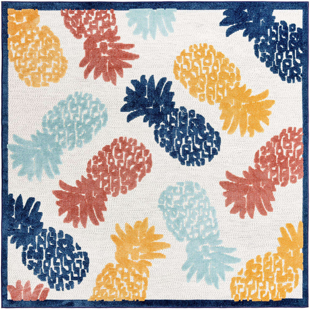 White 7' 10 x 7' 10 Belize Outdoor Square Area Rug Weather Resistant for Patio, Deck, Terrace, Balcony, Porch 100% Polypropylene Colorful Fun Coastal Modern Carpet for Outside for Sale at Rug Engine