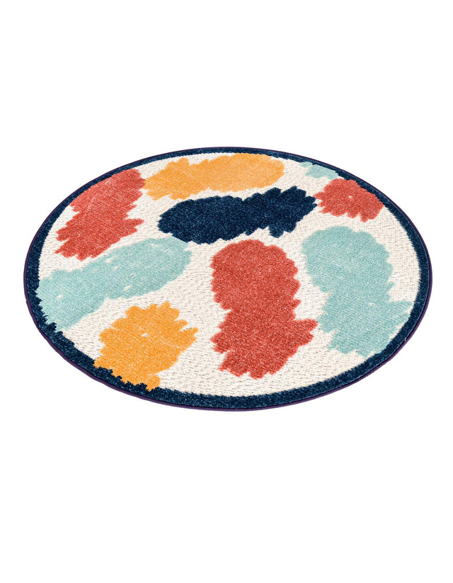 White 3' 3 x 3' 3 Belize Outdoor Round Area Rug Weather Resistant for Patio, Deck, Terrace, Balcony, Porch 100% Polypropylene Colorful Fun Coastal Modern Carpet for Outside for Sale at Rug Engine