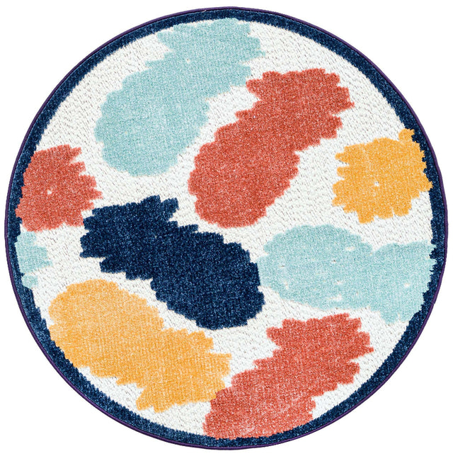 White 3' 3 x 3' 3 Belize Outdoor Round Area Rug Weather Resistant for Patio, Deck, Terrace, Balcony, Porch 100% Polypropylene Colorful Fun Coastal Modern Carpet for Outside for Sale at Rug Engine