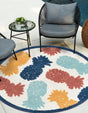 White 5' 3 x 5' 3 Belize Outdoor Round Area Rug Weather Resistant for Patio, Deck, Terrace, Balcony, Porch 100% Polypropylene Colorful Fun Coastal Modern Carpet for Outside for Sale at Rug Engine