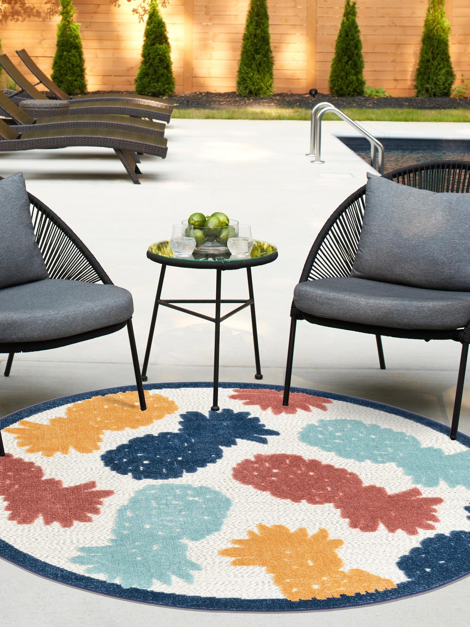 White 5' 3 x 5' 3 Belize Outdoor Round Area Rug Weather Resistant for Patio, Deck, Terrace, Balcony, Porch 100% Polypropylene Colorful Fun Coastal Modern Carpet for Outside for Sale at Rug Engine