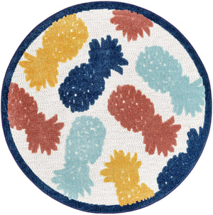 White 5' 3 x 5' 3 Belize Outdoor Round Area Rug Weather Resistant for Patio, Deck, Terrace, Balcony, Porch 100% Polypropylene Colorful Fun Coastal Modern Carpet for Outside for Sale at Rug Engine