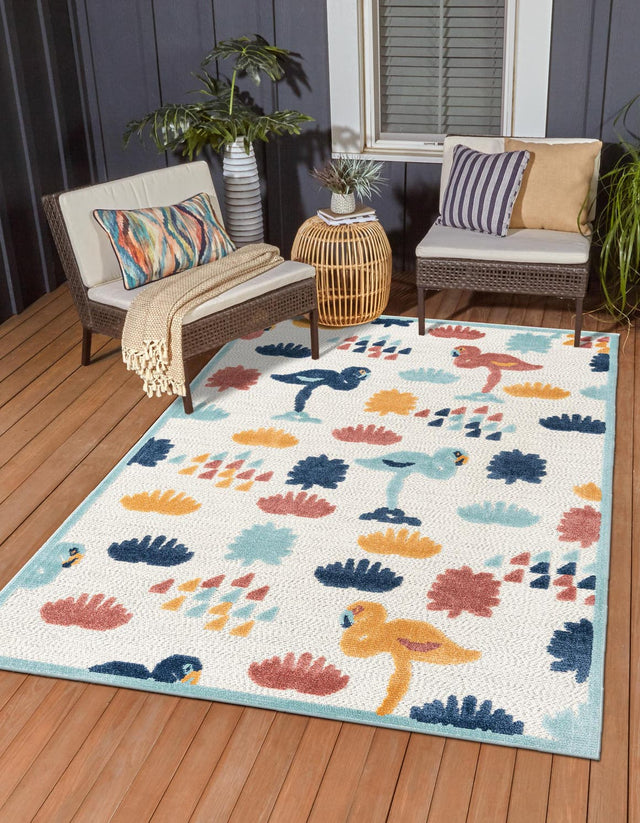 White 7' x 10' Belize Outdoor Rectangle Area Rug Weather Resistant for Patio, Deck, Terrace, Balcony, Porch 100% Polypropylene Colorful Fun Coastal Modern Carpet for Outside for Sale at Rug Engine