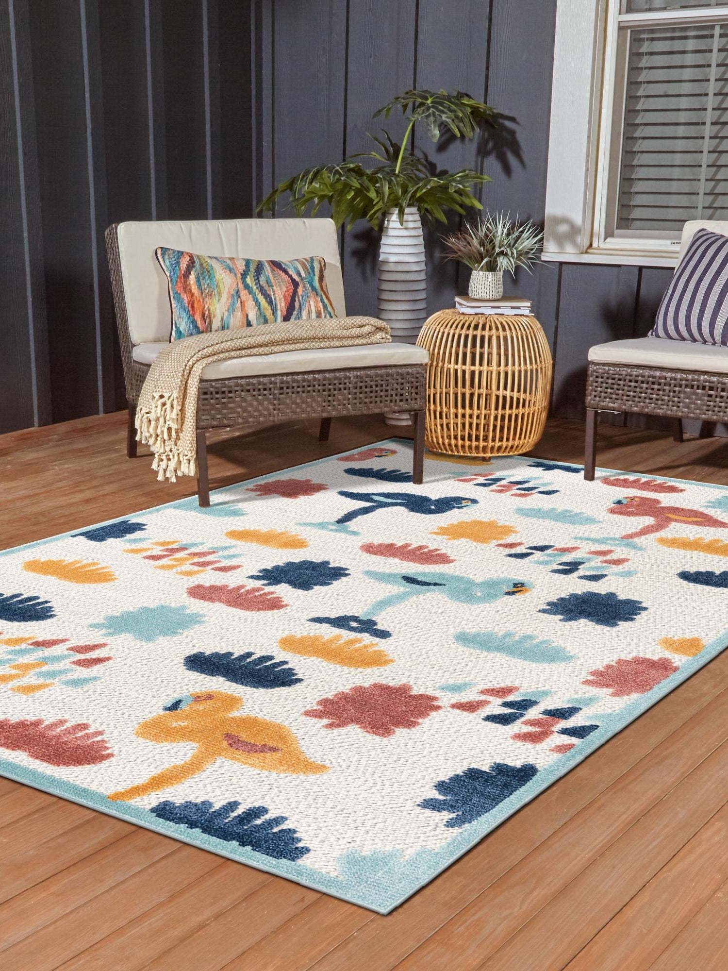 White 4' x 6' Belize Outdoor Rectangle Area Rug Weather Resistant for Patio, Deck, Terrace, Balcony, Porch 100% Polypropylene Colorful Fun Coastal Modern Carpet for Outside for Sale at Rug Engine