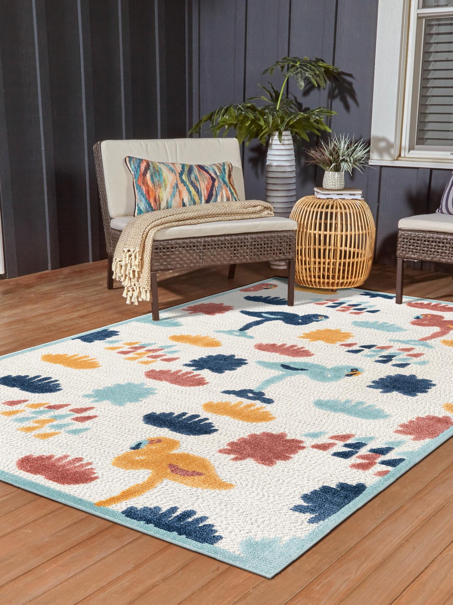 White 7' x 10' Belize Outdoor Rectangle Area Rug Weather Resistant for Patio, Deck, Terrace, Balcony, Porch 100% Polypropylene Colorful Fun Coastal Modern Carpet for Outside for Sale at Rug Engine