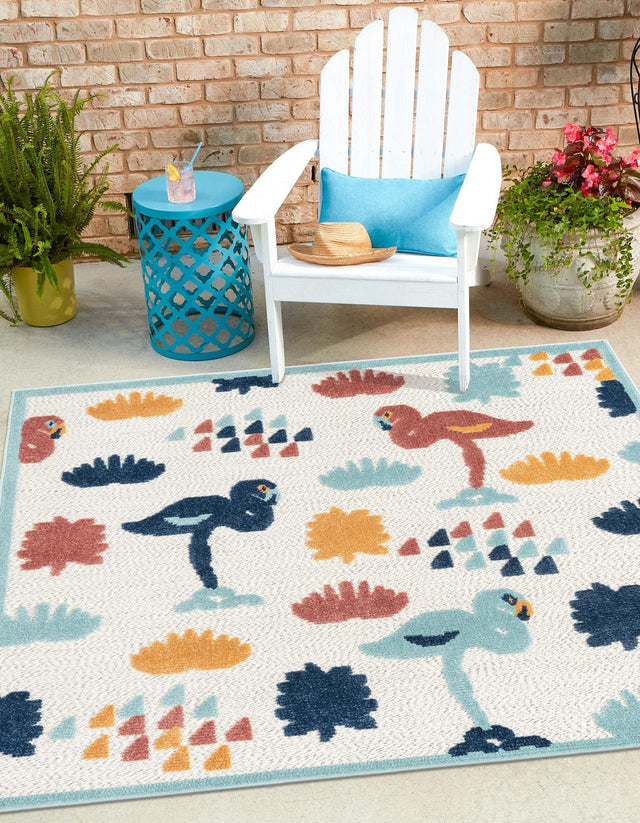 White 7' 10 x 7' 10 Belize Outdoor Square Area Rug Weather Resistant for Patio, Deck, Terrace, Balcony, Porch 100% Polypropylene Colorful Fun Coastal Modern Carpet for Outside for Sale at Rug Engine