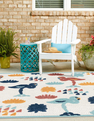 White 5' 3 x 5' 3 Belize Outdoor Square Area Rug Weather Resistant for Patio, Deck, Terrace, Balcony, Porch 100% Polypropylene Colorful Fun Coastal Modern Carpet for Outside for Sale at Rug Engine