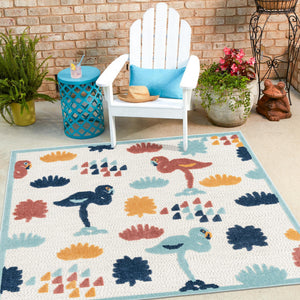 White 5' 3 x 5' 3 Belize Outdoor Square Area Rug Weather Resistant for Patio, Deck, Terrace, Balcony, Porch 100% Polypropylene Colorful Fun Coastal Modern Carpet for Outside for Sale at Rug Engine