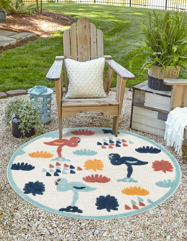 White 3' 3 x 3' 3 Belize Outdoor Round Area Rug Weather Resistant for Patio, Deck, Terrace, Balcony, Porch 100% Polypropylene Colorful Fun Coastal Modern Carpet for Outside for Sale at Rug Engine