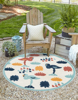 White 5' 3 x 5' 3 Belize Outdoor Round Area Rug Weather Resistant for Patio, Deck, Terrace, Balcony, Porch 100% Polypropylene Colorful Fun Coastal Modern Carpet for Outside for Sale at Rug Engine