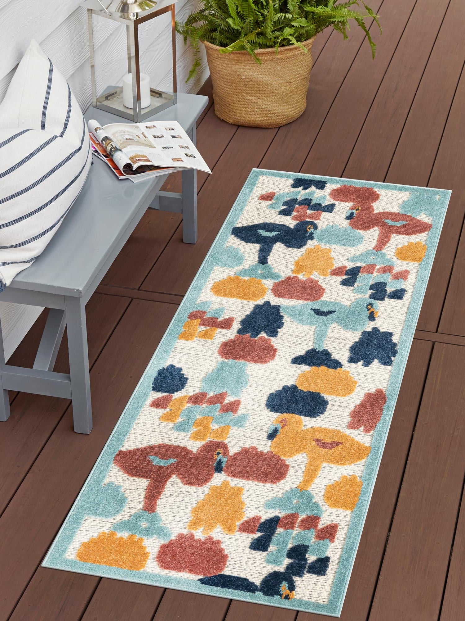 White 2' x 6' Belize Outdoor Runner Area Rug Weather Resistant for Patio, Deck, Terrace, Balcony, Porch 100% Polypropylene Colorful Fun Coastal Modern Carpet for Outside for Sale at Rug Engine