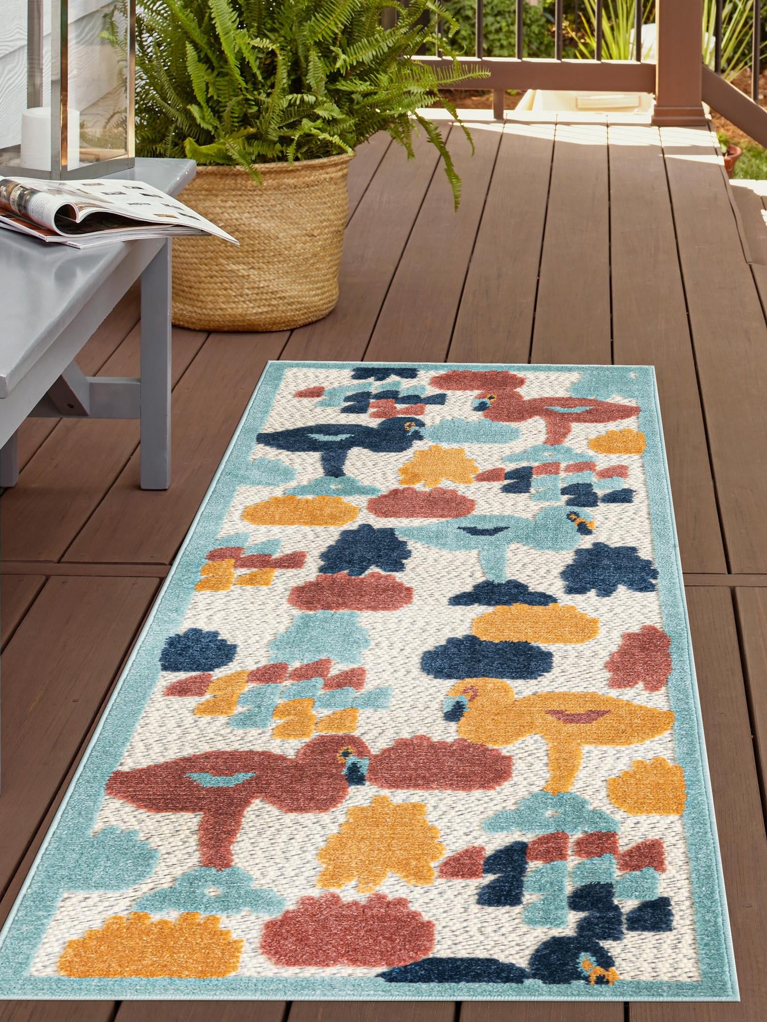 White 2' x 6' Belize Outdoor Runner Area Rug Weather Resistant for Patio, Deck, Terrace, Balcony, Porch 100% Polypropylene Colorful Fun Coastal Modern Carpet for Outside for Sale at Rug Engine