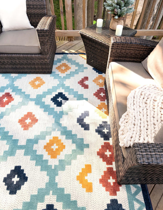 Ivory 4' x 6' Belize Outdoor Rectangle Area Rug Weather Resistant for Patio, Deck, Terrace, Balcony, Porch 100% Polypropylene Colorful Fun Coastal Modern Carpet for Outside for Sale at Rug Engine