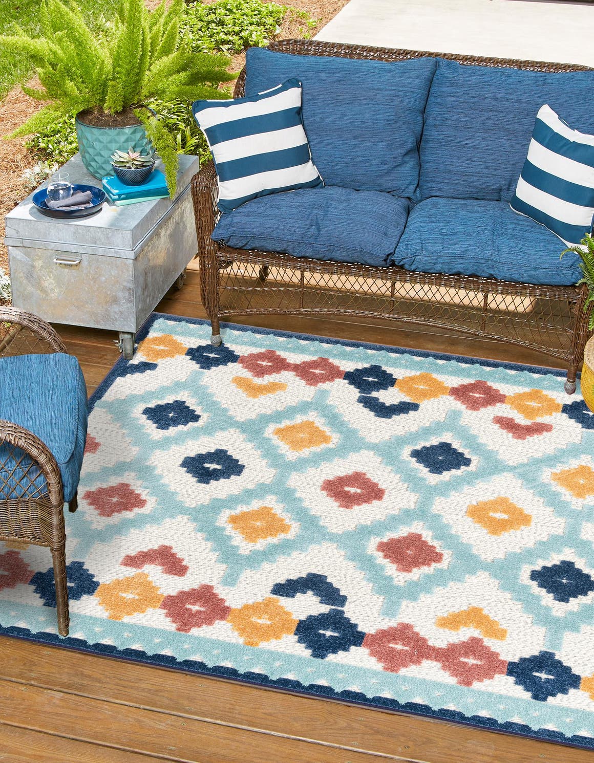 Ivory 5' 3 x 5' 3 Belize Outdoor Square Area Rug Weather Resistant for Patio, Deck, Terrace, Balcony, Porch 100% Polypropylene Colorful Fun Coastal Modern Carpet for Outside for Sale at Rug Engine