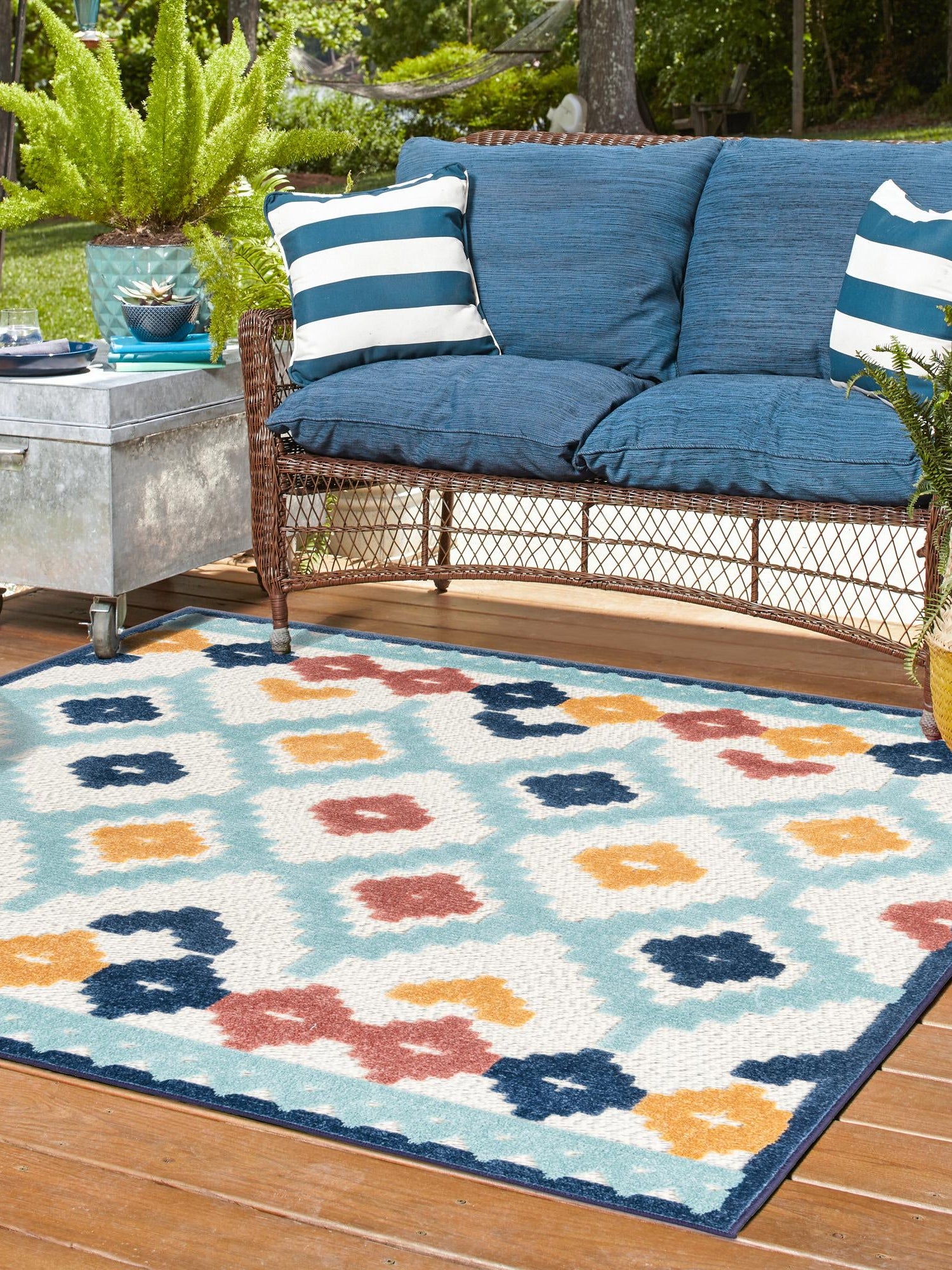 Ivory 5' 3 x 5' 3 Belize Outdoor Square Area Rug Weather Resistant for Patio, Deck, Terrace, Balcony, Porch 100% Polypropylene Colorful Fun Coastal Modern Carpet for Outside for Sale at Rug Engine