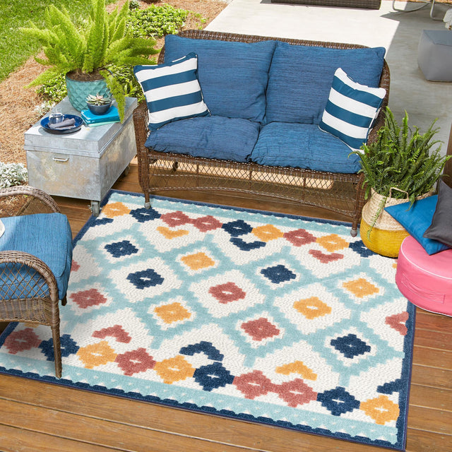 Ivory 7' 10 x 7' 10 Belize Outdoor Square Area Rug Weather Resistant for Patio, Deck, Terrace, Balcony, Porch 100% Polypropylene Colorful Fun Coastal Modern Carpet for Outside for Sale at Rug Engine