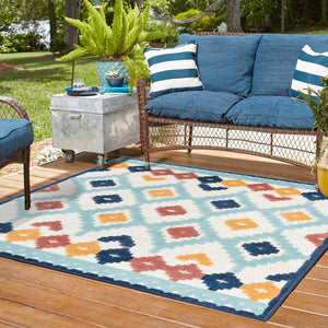 Ivory 7' 10 x 7' 10 Belize Outdoor Square Area Rug Weather Resistant for Patio, Deck, Terrace, Balcony, Porch 100% Polypropylene Colorful Fun Coastal Modern Carpet for Outside for Sale at Rug Engine